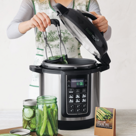 Ball® freshTECH Automatic Home Canning System Includes; jar lifter, jar rack, removable inner pot, recipe book with canning recipes and meal inspirations. Preserve your recipes up to 30% faster. Optimizes time, temperature and canning process. (J350115) product image.